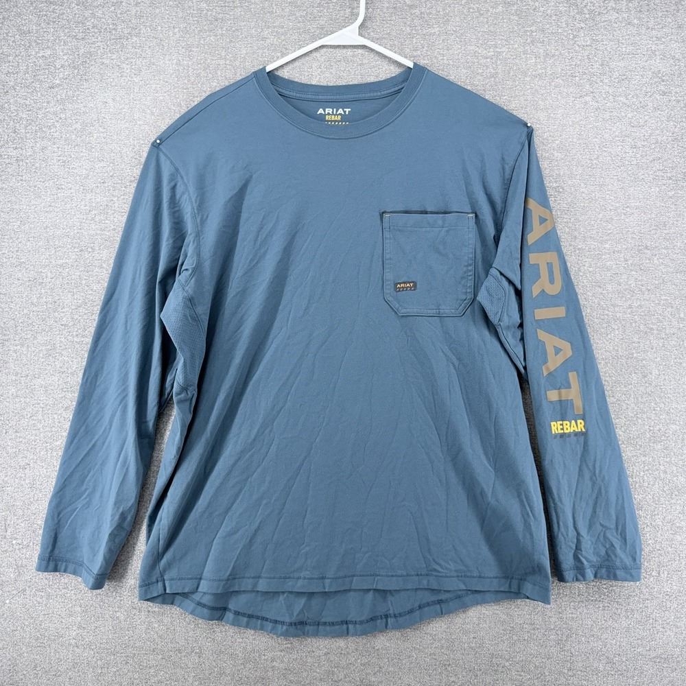 Ariat Rebar Long Sleeve T Shirt Men Size XL Blue Logo Casual Pocket Workwear